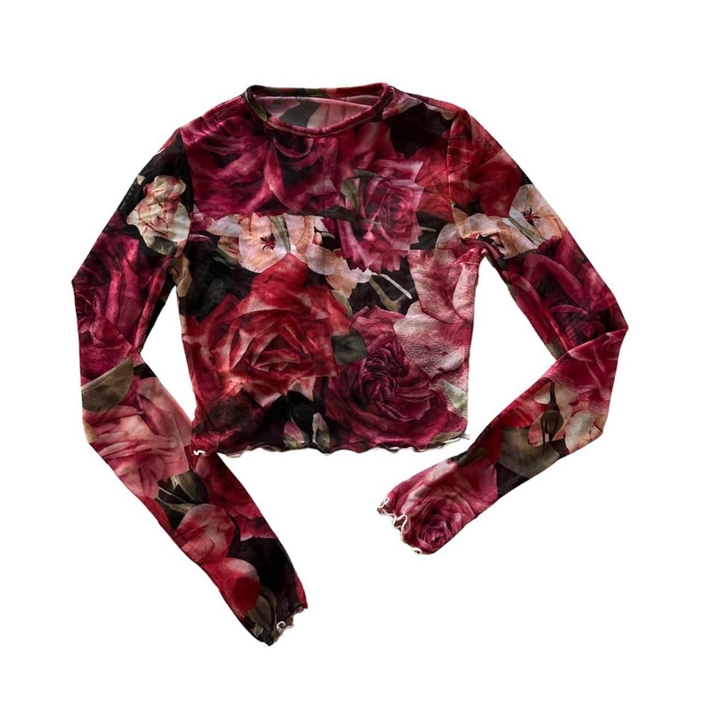 coquette graphic print rose cropped mesh top with lettuce hem